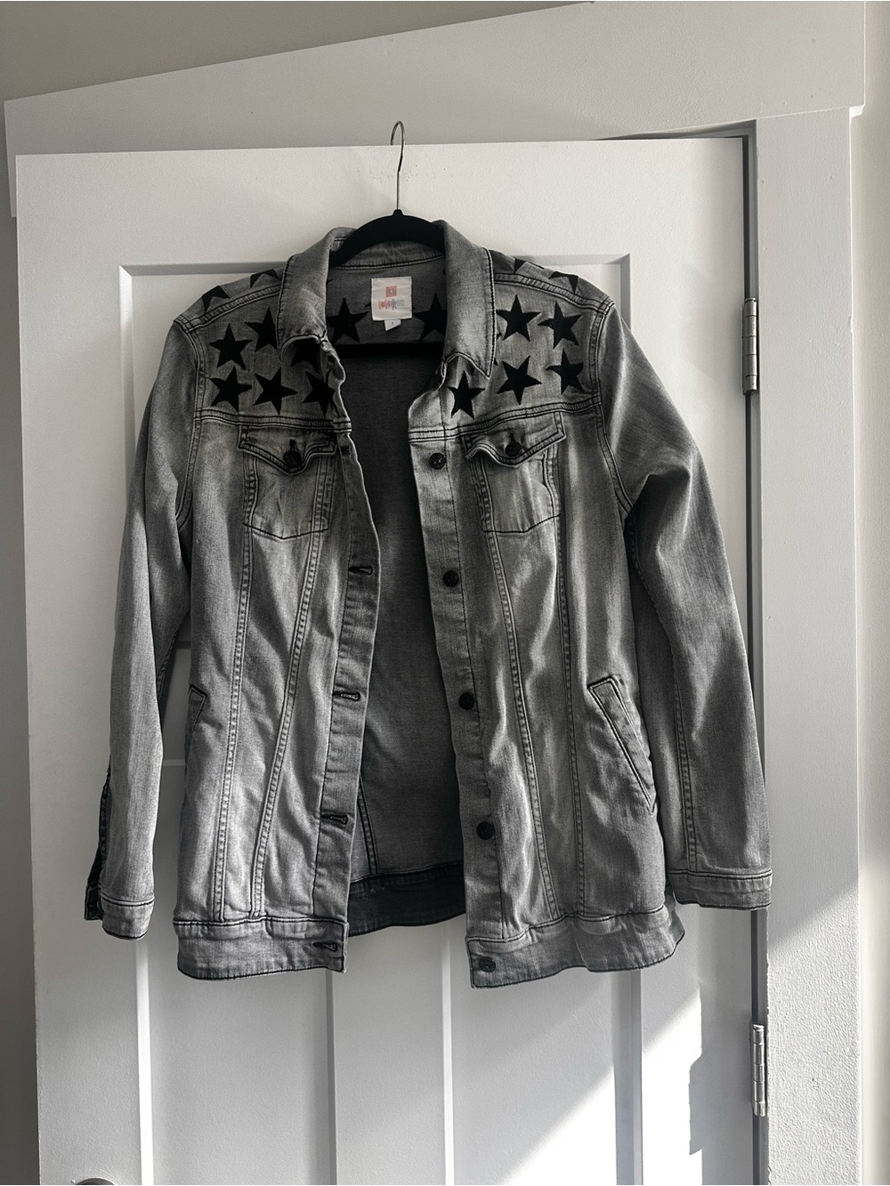 LuLaRoe Jaxon Gray Denim Jacket with Star Embroidery